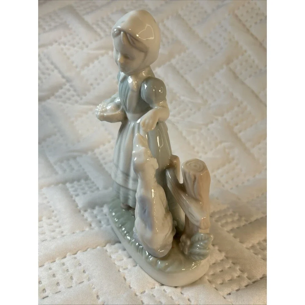 Vintage Porcelain Japan  Blue and White Dutch Girl with Dog Figurine Decor